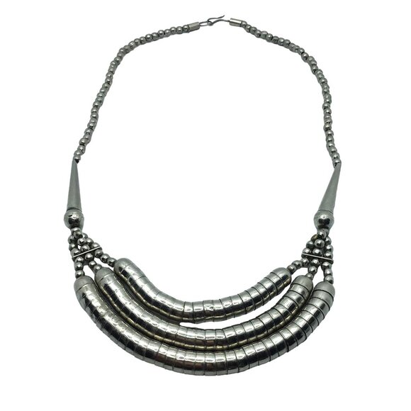 Vintage Bib Necklace Snake Tube Strands Silver Tone Hook Closure 24 Inch Length - Picture 2 of 2
